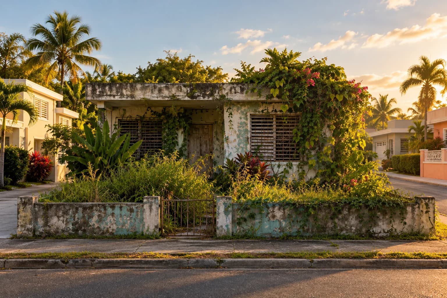 Una casa de concreto deteriorada, cubierta de vegetación tropical al atardecer.
