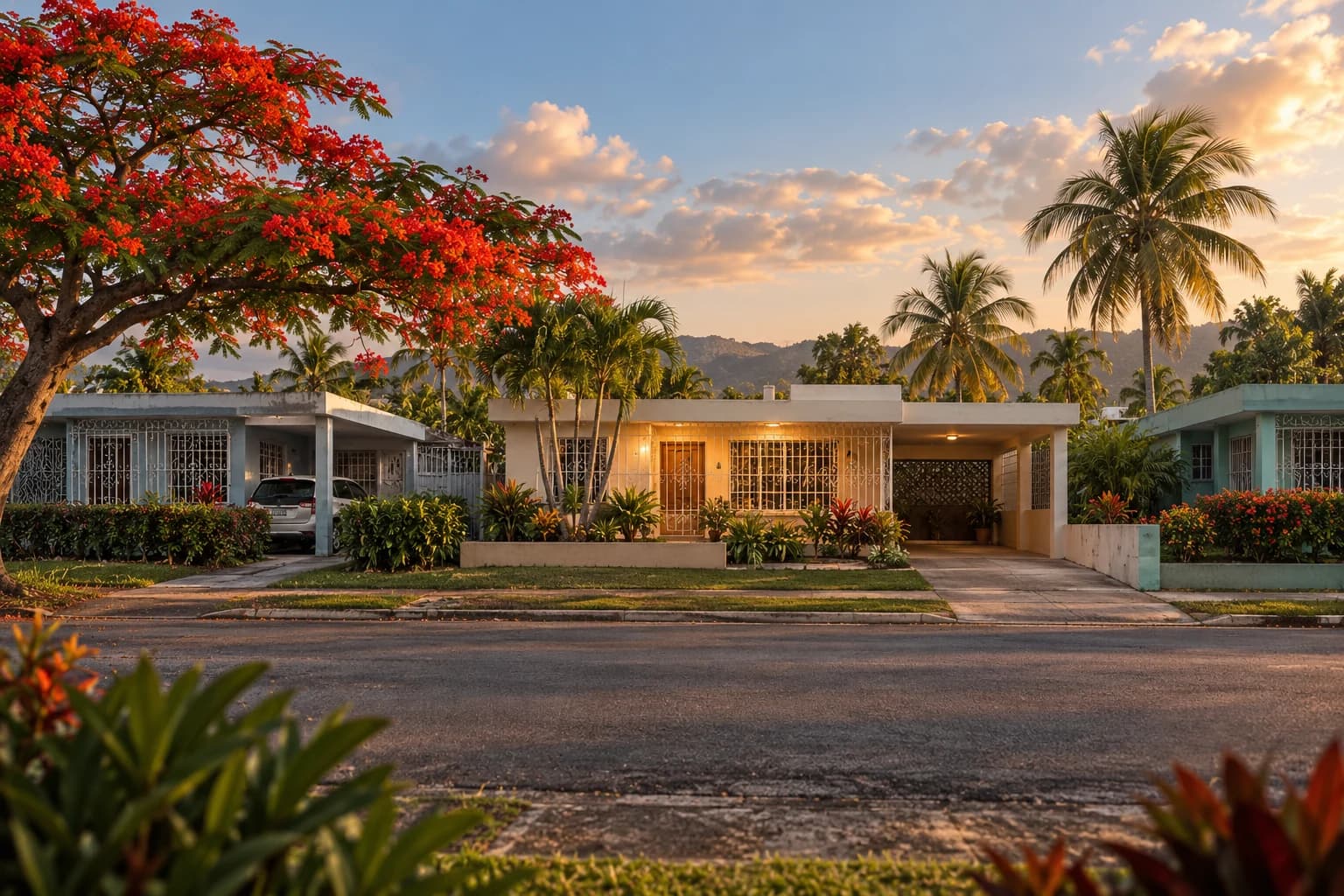 Single-story tropical homes with palms and a flamboyán tree at sunset.