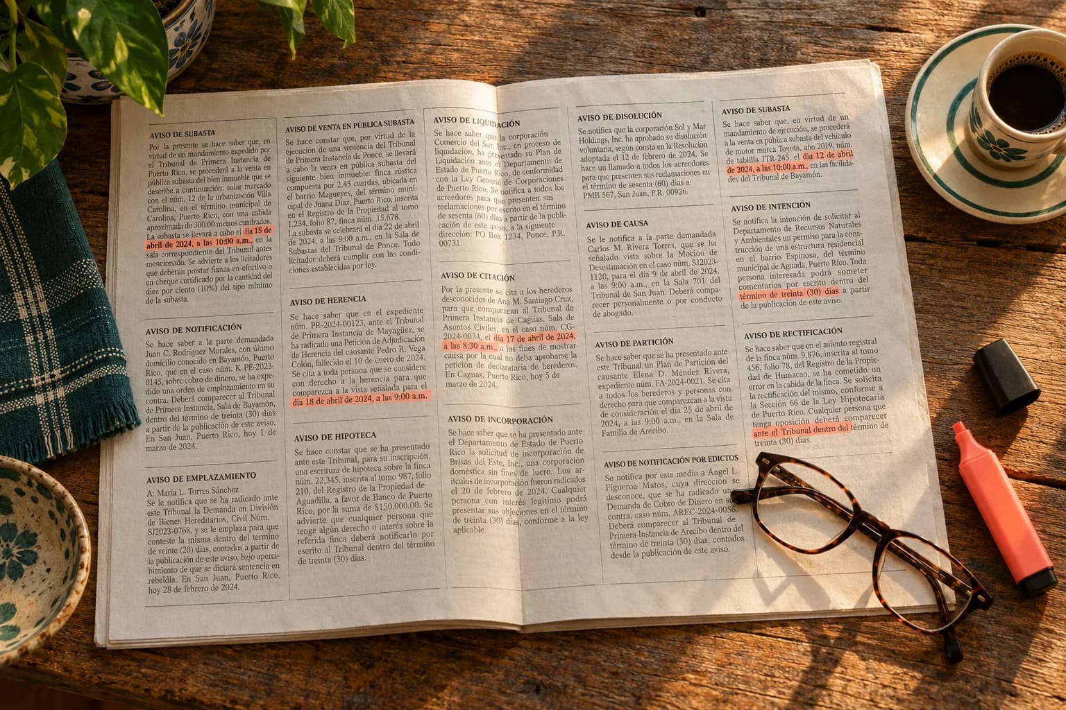 Newspaper legal notices with highlighted dates, reading glasses and a highlighter.