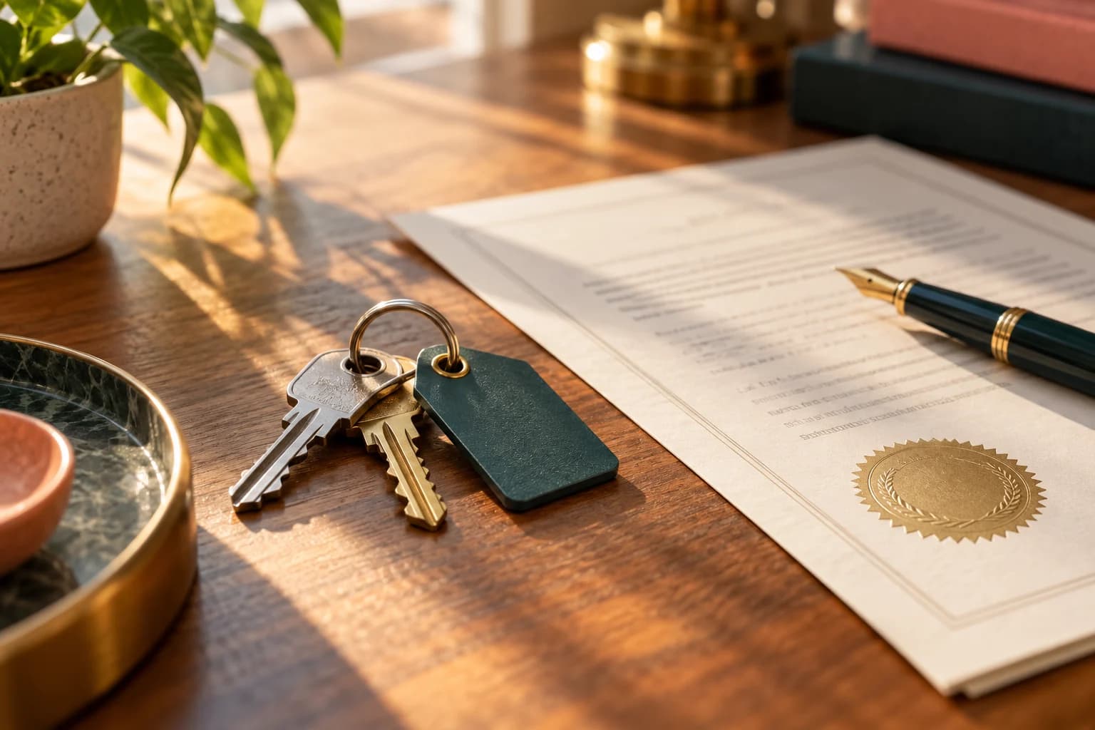 House keys beside a property document and fountain pen on a wooden desk.