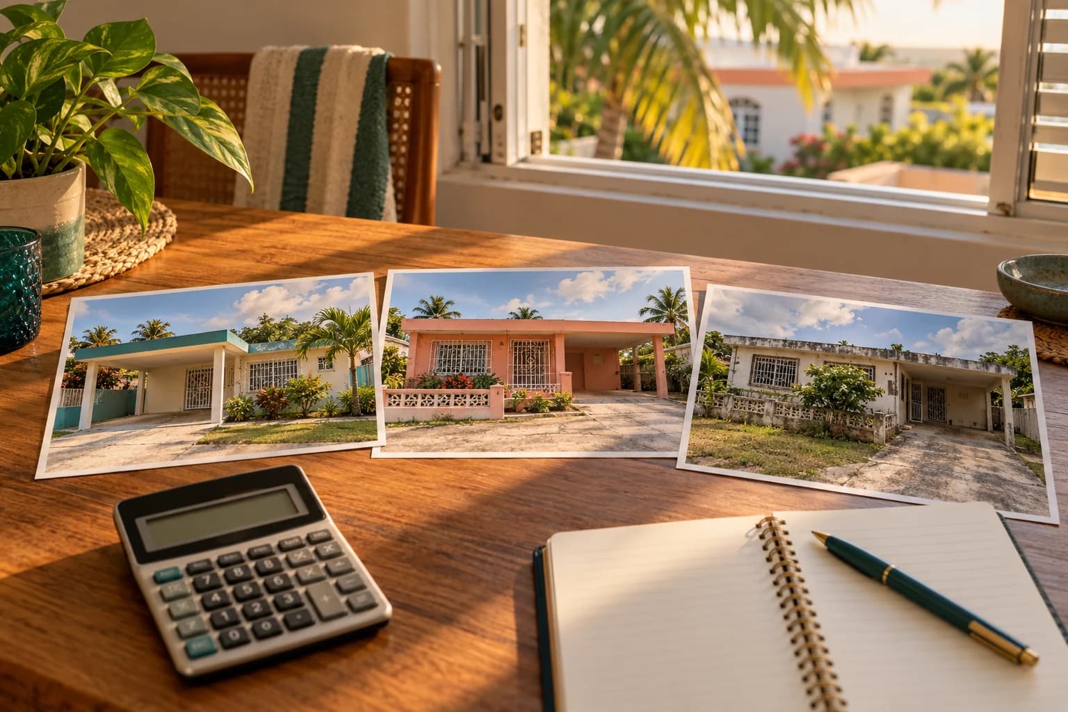 Property comparison photographs, a calculator and a notebook on a sunlit wooden table