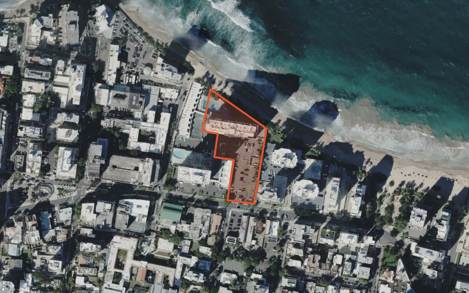 Aerial view of the official Condado del Mar building outline