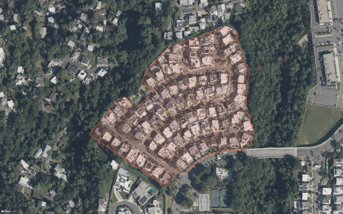 Aerial report boundary and neighborhood statistics for Las Flores de Montehiedra in San Juan, Puerto Rico