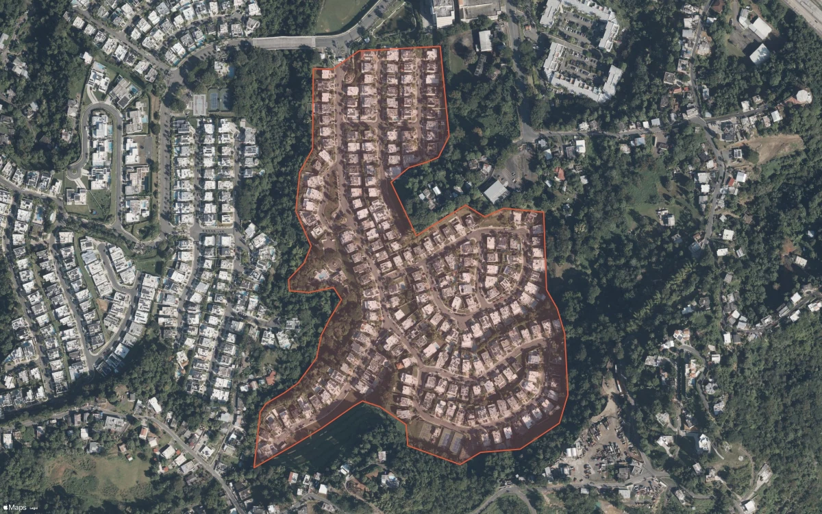 Aerial report boundary and neighborhood statistics for Los Árboles de Montehiedra in San Juan, Puerto Rico
