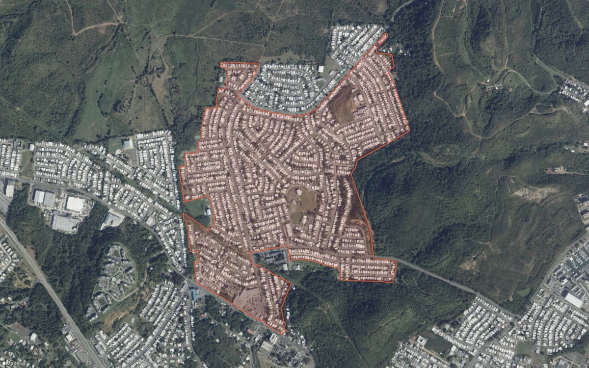 Aerial report boundary and neighborhood statistics for Monte Brisas in Fajardo, Puerto Rico
