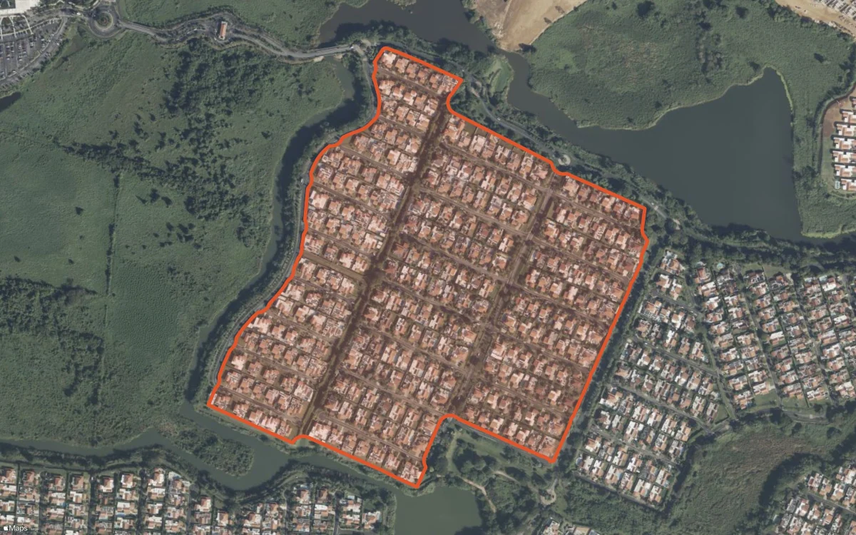 Límite aéreo y estadísticas del informe de Isla de la Arboleda en Dorado, Puerto Rico