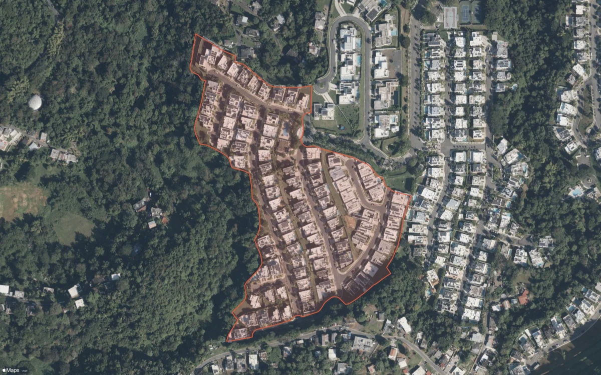 Aerial report boundary and neighborhood statistics for Senderos de Montehiedra in San Juan, Puerto Rico